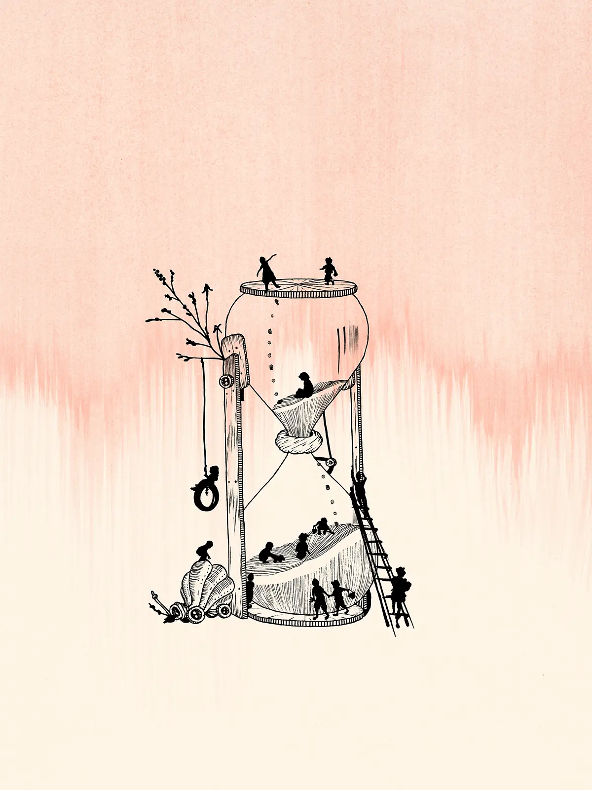 Illustration av ett timglas med barn som leker i och på det.